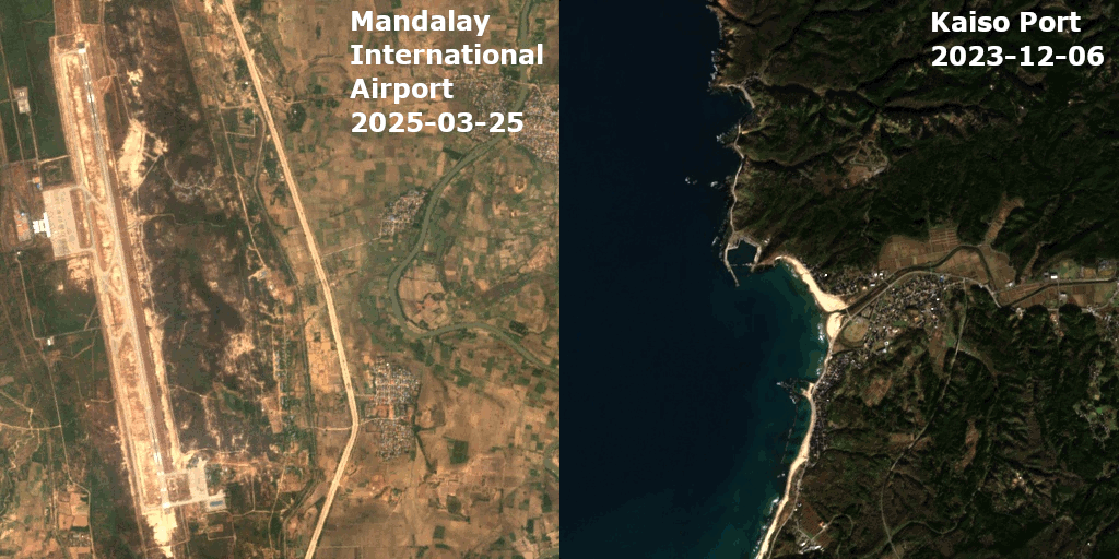 Ground displacement due to earthquakes in Myanmar (left) and Noto Peninsula, Japan (right).